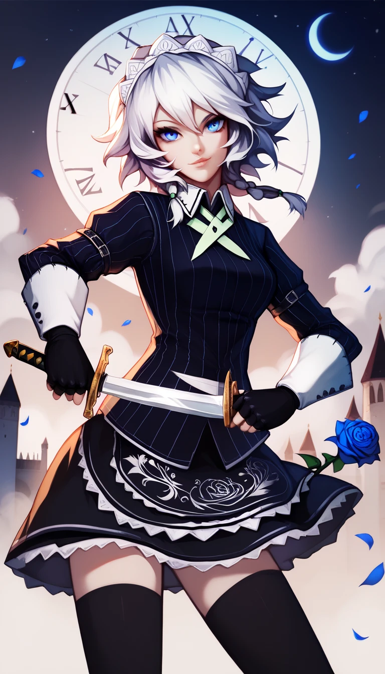 holding_Knife ,kdizay0i, white hair, twin braids, blue eyes
maid headdress, striped clothes, black shirt, striped shirt, collared shirt, long sleeves, black gloves, fingerless gloves, black skirt, black thighhighs, Castle,moon,Bat,Nights,1girl, solo, flower, blue rose, rose, blue flower, sword, blue eyes, clock, pocket watch, looking at viewer,