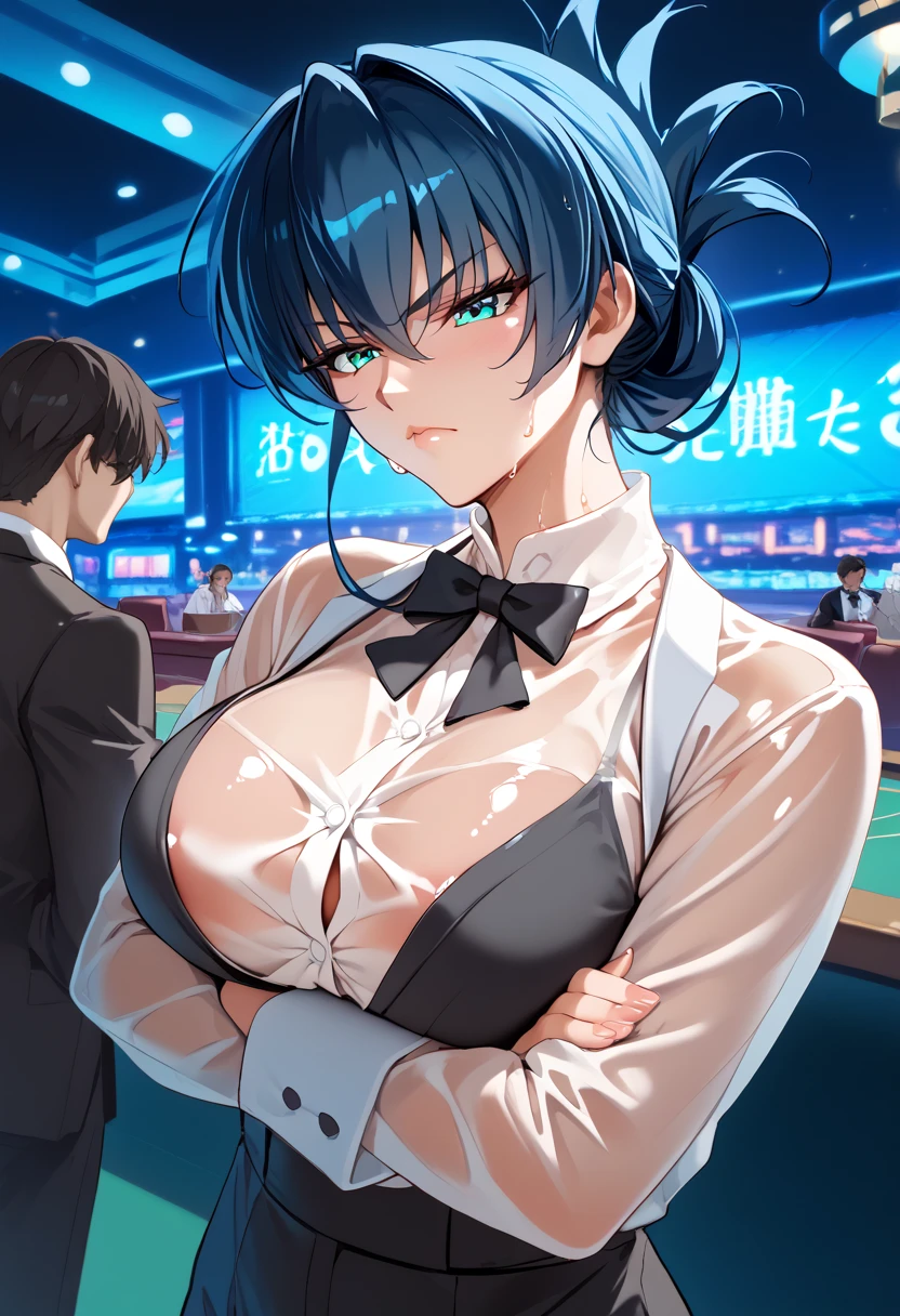 Igawa_Asagi, dark blue hair, long hair,  folded ponytail,hair between eyes, aqua eyes, large breasts,PonyXLV6_Scores,source_anime,masterpiece,best quality, highly detailed, perfect anatomy,amazing quality, score_9, score_8_up, score_7_up,1 mature female,(Men's Tuxedo,pants,formal jacket,see through shirt,no bra),indoor,(casino),standing,sweat,(serious:1.3),(full body),cross arms,upper body