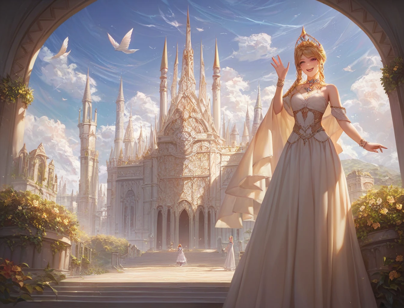 (masterpiece) ,best quality,amazing quality,very aesthetic,absurdres,newest, highres, anime style, BREAK Liselotte_Cretia, smile, royal palace, standing, waving, perfect hand