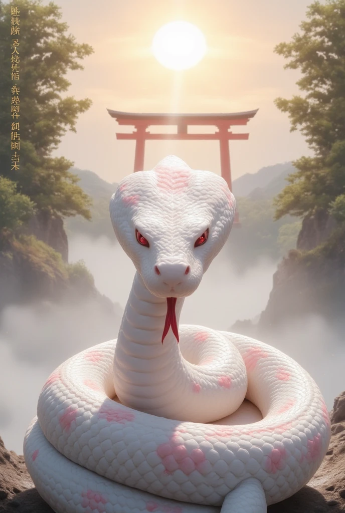 A realistic photograph with the prayer "Resurrection and Rebirth" beautifully written in gold calligraphy. A sacred white snake coils gracefully. Its shimmering scales have a pale pink pattern and reflect the light like glass. The snake is poised and gazes at the viewer with its sparkling blue eyes, exuding strength and grace. In the background, a glowing spiritual cloud covers the image, and a vermilion torii gate can be seen faintly in the distance. front view, 