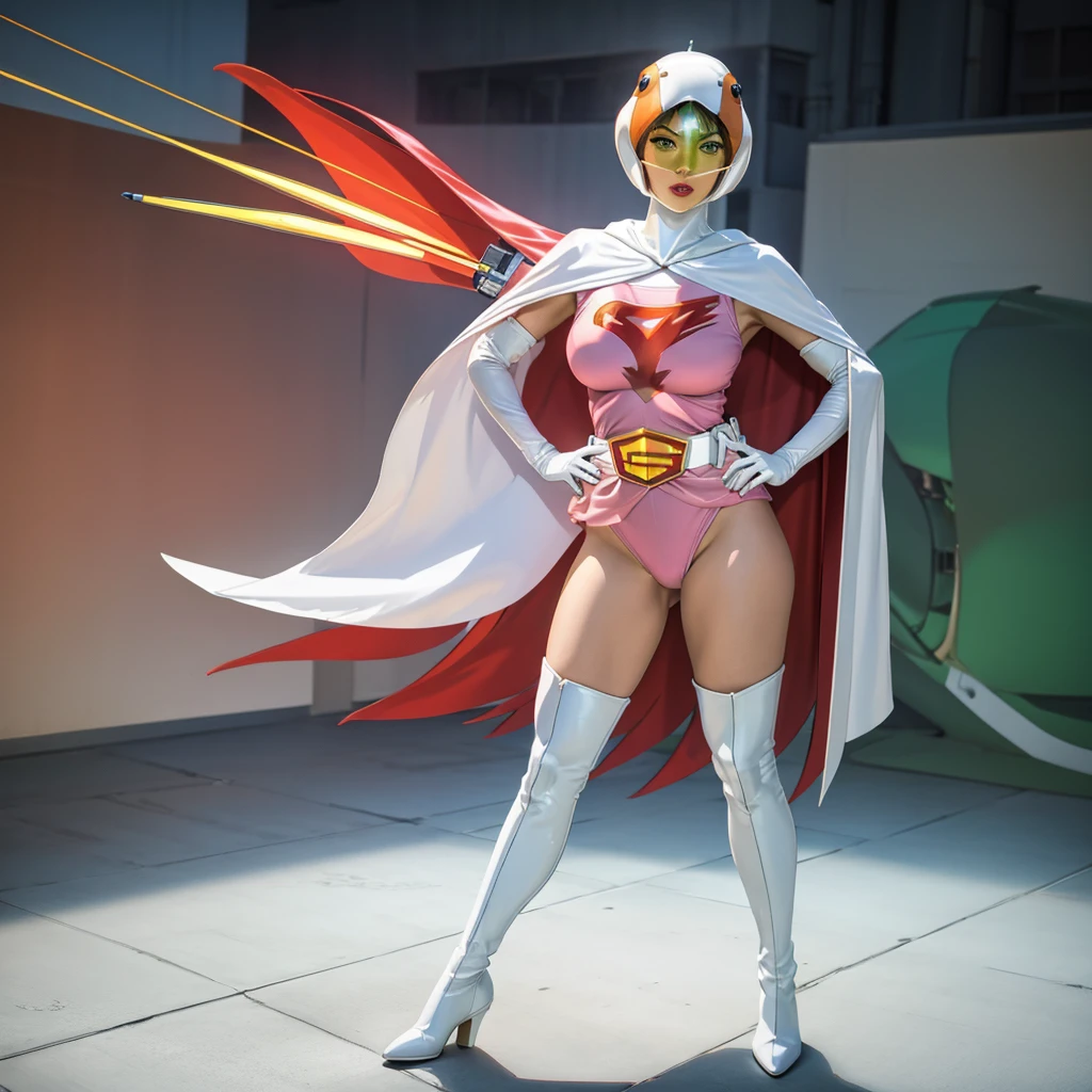 ANI_CLASSIC_jun_gatchaman_ownwaifu, 1girl, 18-year-old,Excellent anatomy, masterpiece, highest quality, Realistic, hyperRealistic, 16K HDR,
Long Hair, chest, Green Eyes, lips, large chest, lipstick, compensate, gloves, Cape, Helmet, belt, elbow gloves, white gloves, mask, Ultra mini skirt, leotard, Spacesuit, White legwear, Pink Dress, Superhero, Bodysuits, (Fighting Pose,kick:1.3), Spaceship, Raise your hand