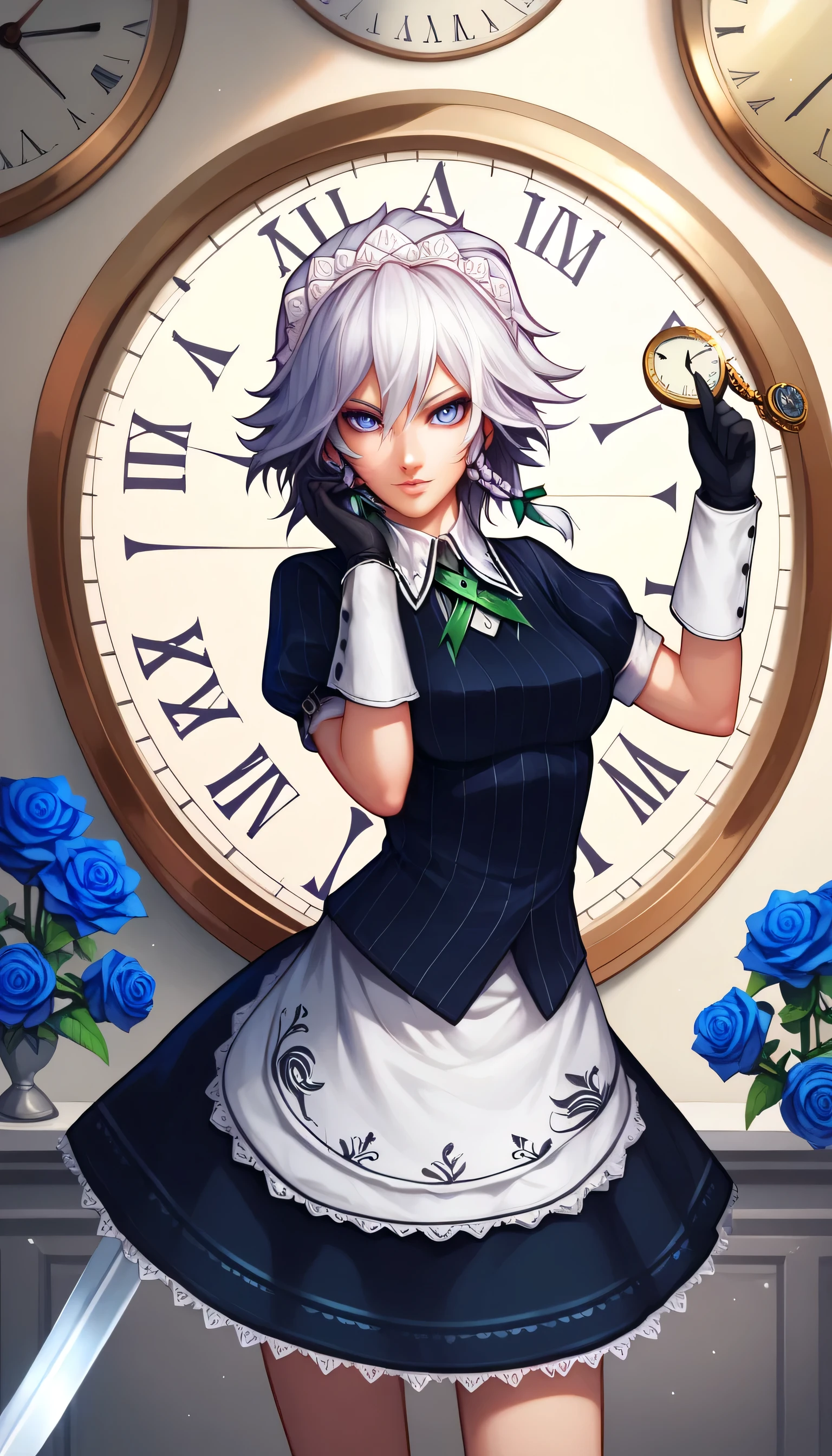 1girl, solo, flower, blue rose, rose, blue flower, izayoi sakuya, white hair, sword, blue eyes, short hair, gloves, apron, braid, maid, twin braids, maid headdress, clock, pocket watch, looking at viewer,