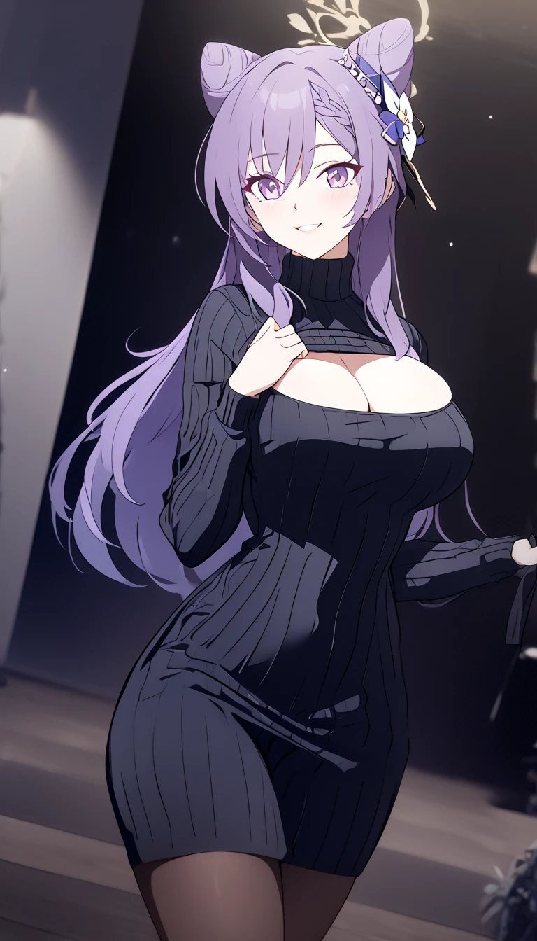 a beautiful woman wearing an open-chest sweater, ribbed sweater, cleavage cutout, meme attire, clothing cutout, turtleneck, sweater dress, cleavage, clothes tug, sweater pull, cleavage reach, (best quality,4k,8k,highres,masterpiece:1.2),ultra-detailed, black thights, thights,  shiney skin,volumetric lighting,natural shading,keqing, braid, cone hair bun, hair bun, hair ornament, long hair, purple eyes, purple hair, , 1women ,4k, 8k, uhd, hdr, detailed background,mature female, dynamic pose, full body, ,skin pores, score_9, score_8_up, score_7_up, (sfw), (cowboy shot, dutch angle:1.2), 1girl, solo, mature female, whole body shot ,1girl, solo, mature female, smiling,1girl, solo, mature female, big breasts, dynamic angle, (negative_v2 Color_Balance_Calibration:0.8), Stable_Yogis_Animetoon_Negatives, negativeXL_D, aidxlv05_neg,