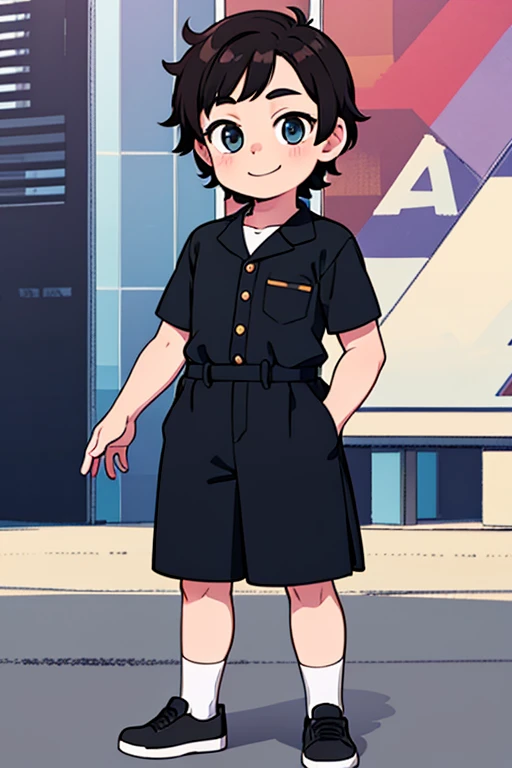 Cute shota boy, short hairstyle, detailed body, clothes, different colored eyes, smile, modern art, best quality, beautiful background 