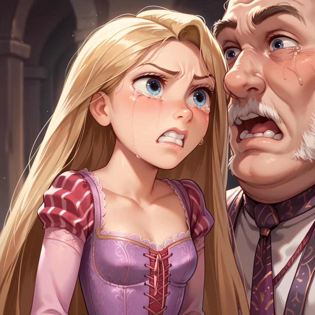 1 girl ,rapunzel, skinny,  beautiful, Blue eyes, (( red dress)), angry, crying,  The old man fucks her for the old men,