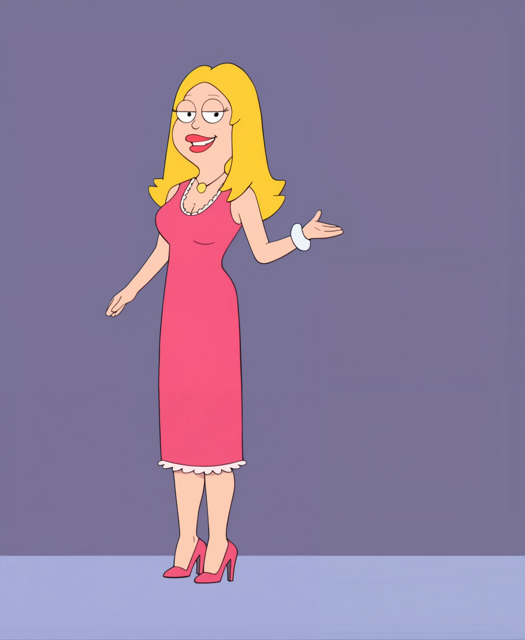 anime screencap, ADFranny, 1girl, solo, blonde hair, high heels, jewelry, pink dress, pink dress, necklace, breasts, parody, lipstick, long hair, cleavage, looking at viewer, half-closed eyes, smile, simple background, being spanked