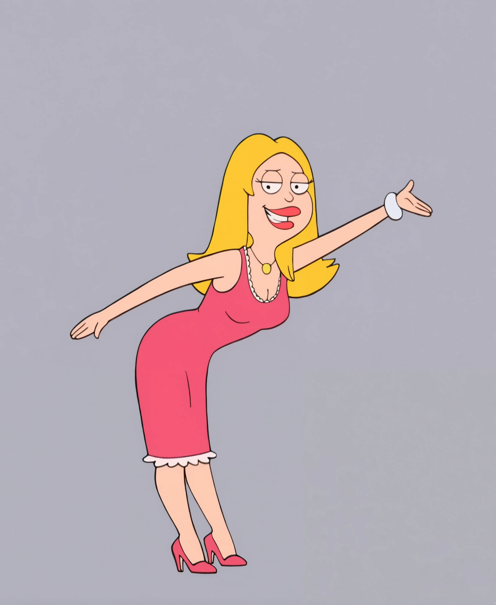 anime screencap, ADFranny, 1girl, solo, blonde hair, high heels, jewelry, pink dress, pink dress, necklace, breasts, parody, lipstick, long hair, cleavage, looking at viewer, half-closed eyes, smile, simple background, being spanked