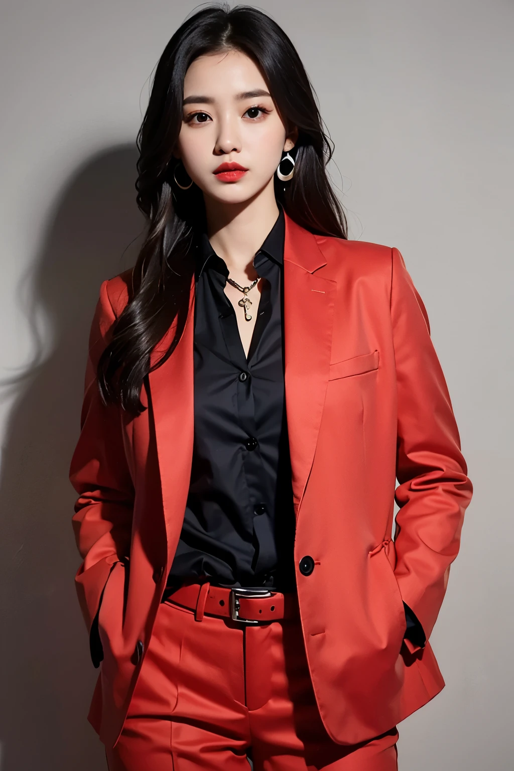 Beautiful girl in red blazer , (mid shot), black bra, Best quality at best, lamplight, ultra - detailed, Dark brown long fashion hair, wearing necklace, wearing small earrings, A high resolution, 8k wallpaper, Perfect dynamic composition, beautidful eyes,  Natural lips, black skirt,Put your hands in your pockets