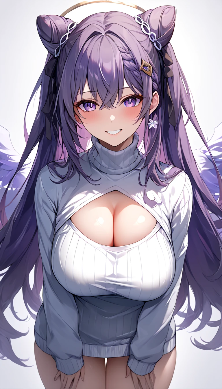 a beautiful woman wearing an open-chest sweater, ribbed sweater, cleavage cutout, meme attire, clothing cutout, turtleneck, sweater dress, cleavage, clothes tug, sweater pull, cleavage reach, (best quality,4k,8k,highres,masterpiece:1.2),ultra-detailed, black thights, thights, shiney skin,volumetric lighting,natural shading,keqing, braid, cone hair bun, hair bun, hair ornament, long hair, purple eyes, purple hair, , 1women ,4k, 8k, uhd, hdr, detailed background,mature female, dynamic pose, full body, ,skin pores, score_9, score_8_up, score_7_up, (sfw), (cowboy shot, dutch angle:1.2), 1girl, solo, mature female, whole body shot ,1girl, solo, mature female, smiling,1girl, solo, mature female, big breasts, dynamic angle, (negative_v2 Color_Balance_Calibration:0.8), negativeXL_D, aidxlv05_neg, AissistXLv2