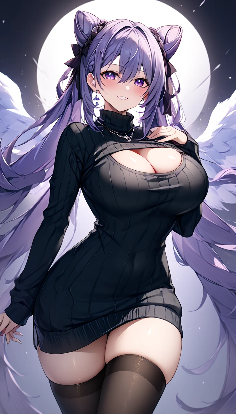 a beautiful woman wearing an open-chest sweater, ribbed sweater, cleavage cutout, meme attire, clothing cutout, turtleneck, sweater dress, cleavage, clothes tug, sweater pull, cleavage reach, (best quality,4k,8k,highres,masterpiece:1.2),ultra-detailed, black thights, thights, shiney skin,volumetric lighting,natural shading,keqing, braid, cone hair bun, hair bun, hair ornament, long hair, purple eyes, purple hair, , 1women ,4k, 8k, uhd, hdr, detailed background,mature female, dynamic pose, full body, ,skin pores, score_9, score_8_up, score_7_up, (sfw), (cowboy shot, dutch angle:1.2), 1girl, solo, mature female, whole body shot ,1girl, solo, mature female, smiling,1girl, solo, mature female, big breasts, dynamic angle, (negative_v2 Color_Balance_Calibration:0.8), negativeXL_D, aidxlv05_neg, AissistXLv2