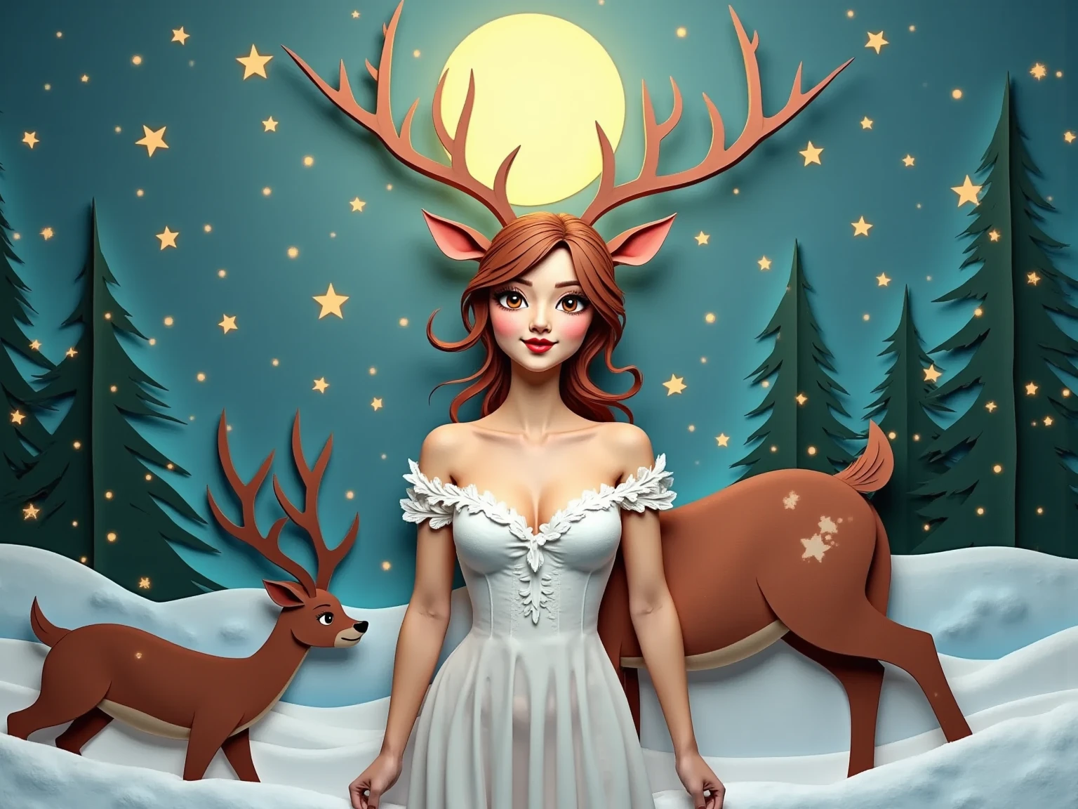 <lora:SDXLRedGlitter:0.7> RedGlitter, dynamic shot of a beautiful woman wearing a sparkling red dress, wearing reindeer antlers, beautiful eyes, brown bobbed hair, festive, Christmas bokeh