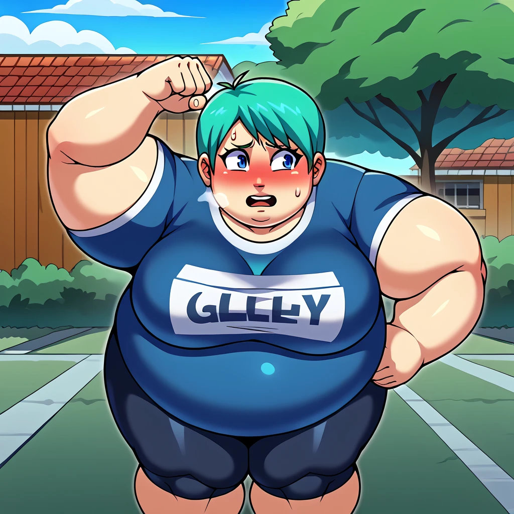 make whitehaired shorthair ssbbw fat tired girl in too tight black jeans and too tight red-white stripes t-shirt she eat fastfood in city