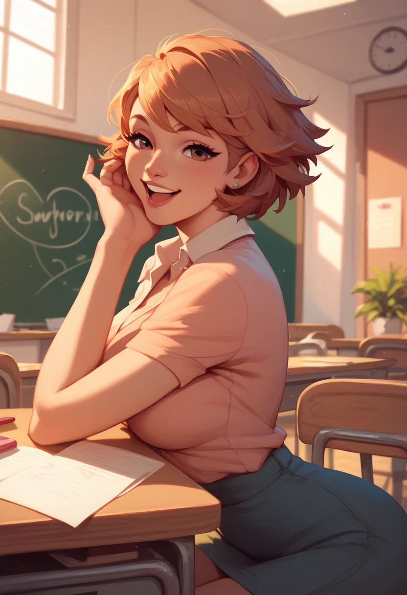  Short haired student, beautiful, Greeting the teacher, happy