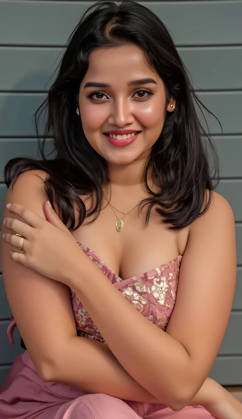 front view, extreme long shot photo of sexy indian, look at viewer and subtle smile, curvy athletic figure, open arms, sexy armpits, sweating, doing push ups in fog, ponytail, necklace, white see through lace bra, pink blouse saree, glossy lips, (cinematic:1.3), intricate details, (ArtStation:1.2)Ponytail, Ponytail, Ponytail,