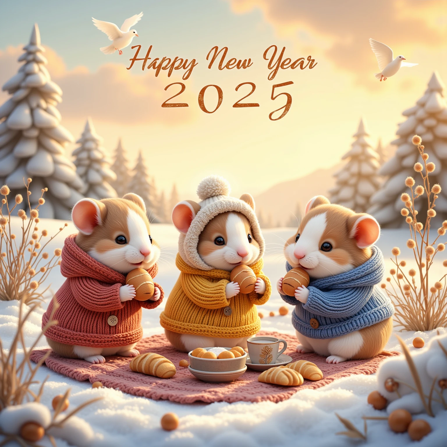 Envision a tranquil winter sunrise casting a gentle golden glow over a quaint countryside hill, where a cozy gathering of charming hamsters is seen in their cutest winter wear. They are enjoying a hearty breakfast picnic on a hand-spun woolen blanket laid over the snow. Above them, soft, luminous clouds gently break apart, while the words "Happy New Year 2025" appear in the sky, written by playful birds in flight. Each hamster is adorned in winter apparel that speaks volumes of handmade love and care — one in a gleaming ruby red sweater with hand-sewn buttons, another in a cheerful mustard yellow hoodie complete with faux-fur trim, and a delightful third in a deep royal blue knit ensemble. Their tiny mittens and booties add an extra layer of endearing warmth to the scene. The breath of the hamsters creates soft misty puffs in the chilly morning air as they share tiny breakfast rolls and sip steaming herbal tea from miniature mugs. Render this picturesque scene using a soft, watercolor-like artistic style that accentuates the delicate morning light and pastel hues, imbuing the image with a serene, dreamlike quality that is comforting and full of whimsical charm.