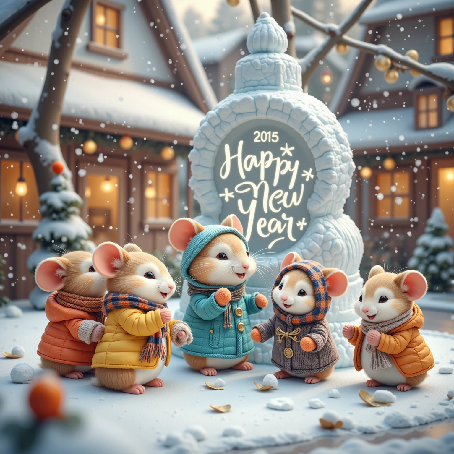 Envision a tranquil winter sunrise casting a gentle golden glow over a quaint countryside hill, where a cozy gathering of charming hamsters is seen in their cutest winter wear. They are enjoying a hearty breakfast picnic on a hand-spun woolen blanket laid over the snow. Above them, soft, luminous clouds gently break apart, while the words "Happy New Year 2025" appear in the sky, written by playful birds in flight. Each hamster is adorned in winter apparel that speaks volumes of handmade love and care — one in a gleaming ruby red sweater with hand-sewn buttons, another in a cheerful mustard yellow hoodie complete with faux-fur trim, and a delightful third in a deep royal blue knit ensemble. Their tiny mittens and booties add an extra layer of endearing warmth to the scene. The breath of the hamsters creates soft misty puffs in the chilly morning air as they share tiny breakfast rolls and sip steaming herbal tea from miniature mugs. Render this picturesque scene using a soft, watercolor-like artistic style that accentuates the delicate morning light and pastel hues, imbuing the image with a serene, dreamlike quality that is comforting and full of whimsical charm.