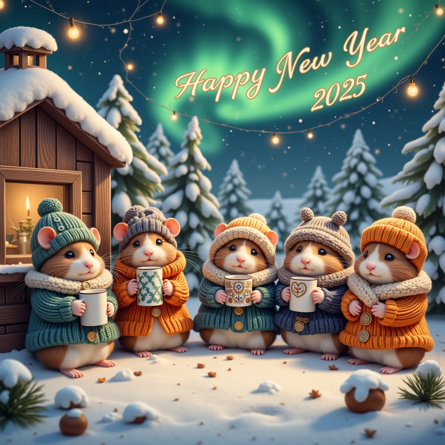 Envision a tranquil winter sunrise casting a gentle golden glow over a quaint countryside hill, where a cozy gathering of charming hamsters is seen in their cutest winter wear. They are enjoying a hearty breakfast picnic on a hand-spun woolen blanket laid over the snow. Above them, soft, luminous clouds gently break apart, while the words "Happy New Year 2025" appear in the sky, written by playful birds in flight. Each hamster is adorned in winter apparel that speaks volumes of handmade love and care — one in a gleaming ruby red sweater with hand-sewn buttons, another in a cheerful mustard yellow hoodie complete with faux-fur trim, and a delightful third in a deep royal blue knit ensemble. Their tiny mittens and booties add an extra layer of endearing warmth to the scene. The breath of the hamsters creates soft misty puffs in the chilly morning air as they share tiny breakfast rolls and sip steaming herbal tea from miniature mugs. Render this picturesque scene using a soft, watercolor-like artistic style that accentuates the delicate morning light and pastel hues, imbuing the image with a serene, dreamlike quality that is comforting and full of whimsical charm.