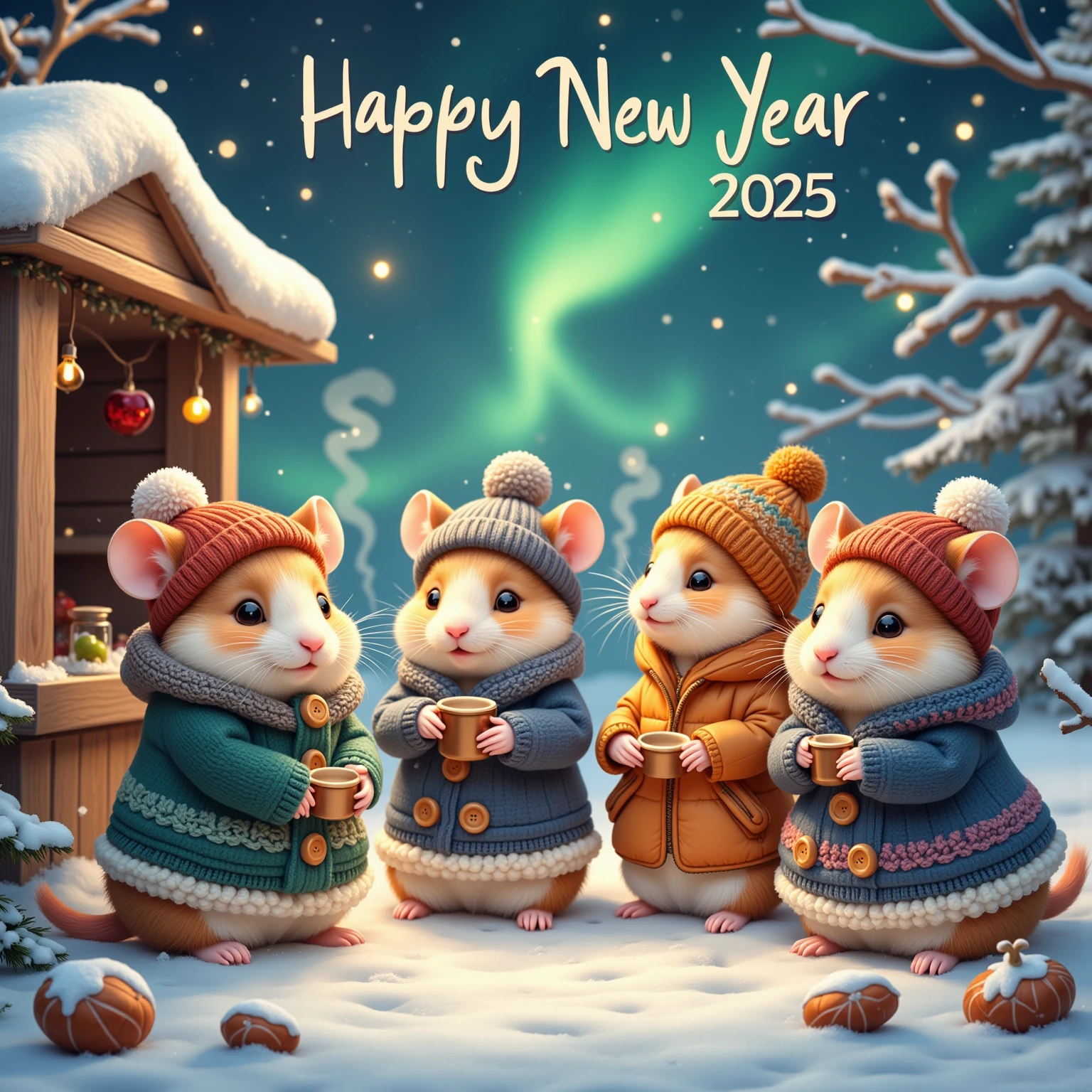 Envision a tranquil winter sunrise casting a gentle golden glow over a quaint countryside hill, where a cozy gathering of charming hamsters is seen in their cutest winter wear. They are enjoying a hearty breakfast picnic on a hand-spun woolen blanket laid over the snow. Above them, soft, luminous clouds gently break apart, while the words "Happy New Year 2025" appear in the sky, written by playful birds in flight. Each hamster is adorned in winter apparel that speaks volumes of handmade love and care — one in a gleaming ruby red sweater with hand-sewn buttons, another in a cheerful mustard yellow hoodie complete with faux-fur trim, and a delightful third in a deep royal blue knit ensemble. Their tiny mittens and booties add an extra layer of endearing warmth to the scene. The breath of the hamsters creates soft misty puffs in the chilly morning air as they share tiny breakfast rolls and sip steaming herbal tea from miniature mugs. Render this picturesque scene using a soft, watercolor-like artistic style that accentuates the delicate morning light and pastel hues, imbuing the image with a serene, dreamlike quality that is comforting and full of whimsical charm.