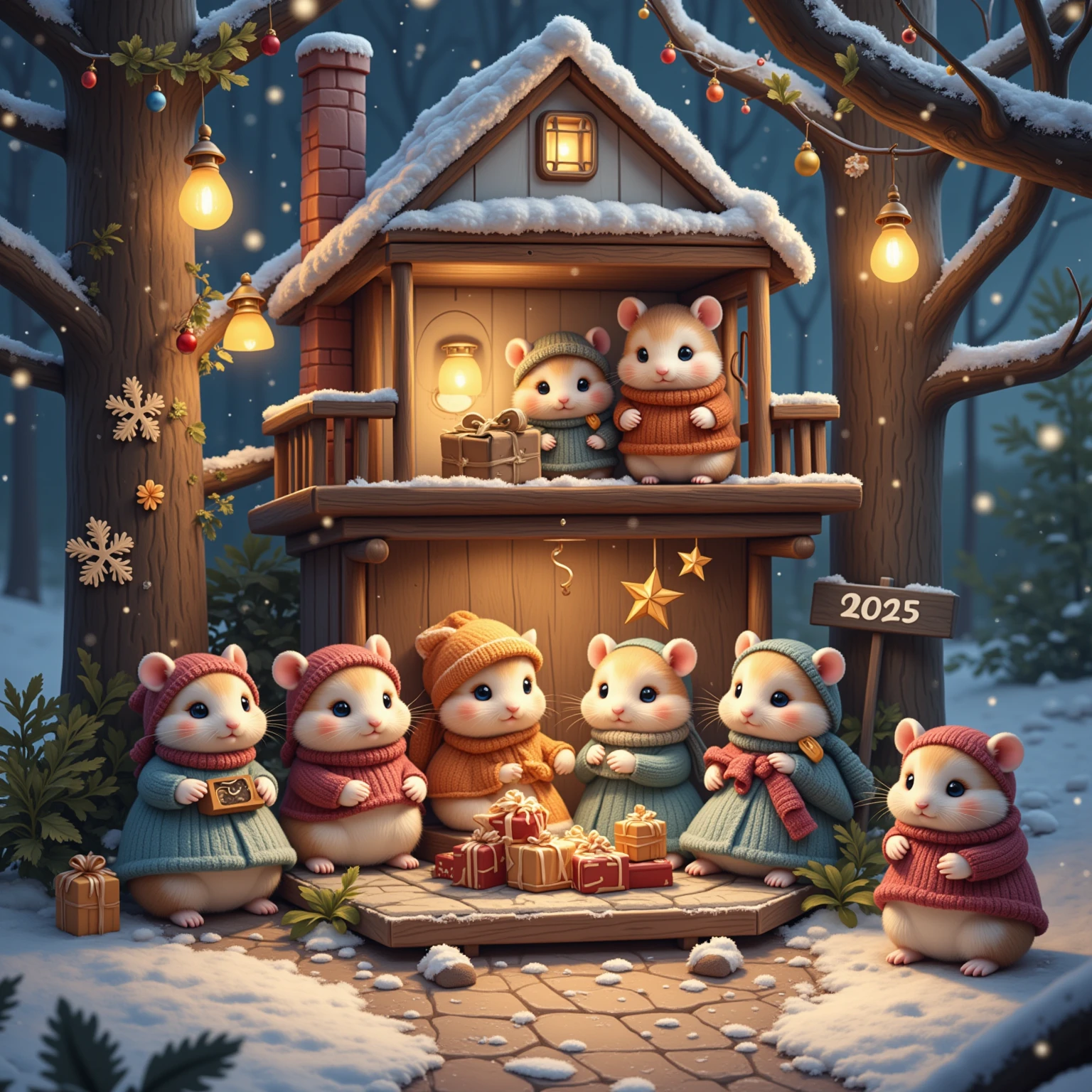 In a cozy treehouse nestled within a wintry forest, adorable hamsters gather for a warm and festive celebration. Clad in colorful winter outfits, they engage in exchanging gifts and playful games, sharing the joy of companionship. The soft glow from lanterns gently illuminates the interior, while outside, snow falls steadily, enhancing the serene winter landscape. A garland spelling "Happy new year 2025" adorns the wall, beautifully capturing the warmth of friendship amidst the natural, snowy setting.