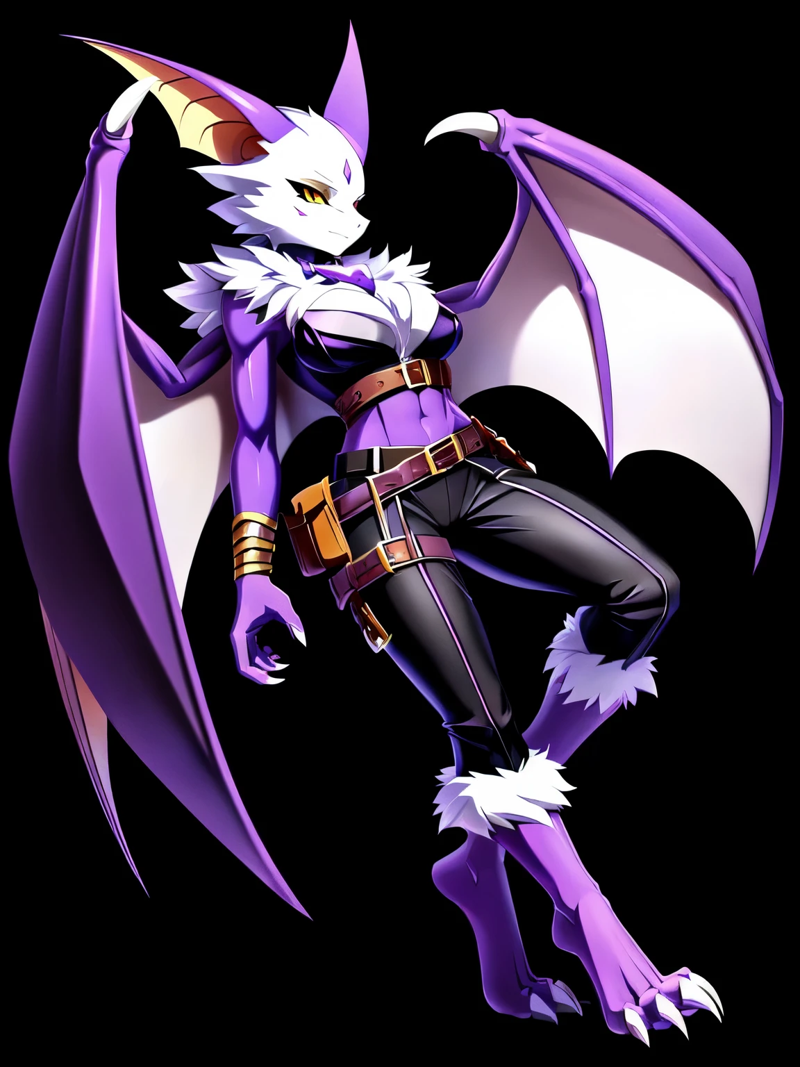 anime, anime style, Anthro bat character, sleek figure, ((purple skin)), purple hands, clawed hands, dragon hands, ((clawed feet)), ((Dragon Feet)), ((Scaled feet)), ((Three toes)), ((Three claws on feet)), bat wings, scarred wings, marked wings, pointed bat ears, ((wearing multiple belts)), ((belts on wrists)), ((belts on legs)), ((belts on calves)), ((Belts on legs)), stylish outfit, black and purple clothes, ((plush white fur on shoulders)), ((white face)), neutral expression, vivid yellow eyes, solid black background, highly detailed anime style, clean lines, monster girl, beautiful demoness, female demon, gorgeous demon girl, hourglass figure, ((large chest))