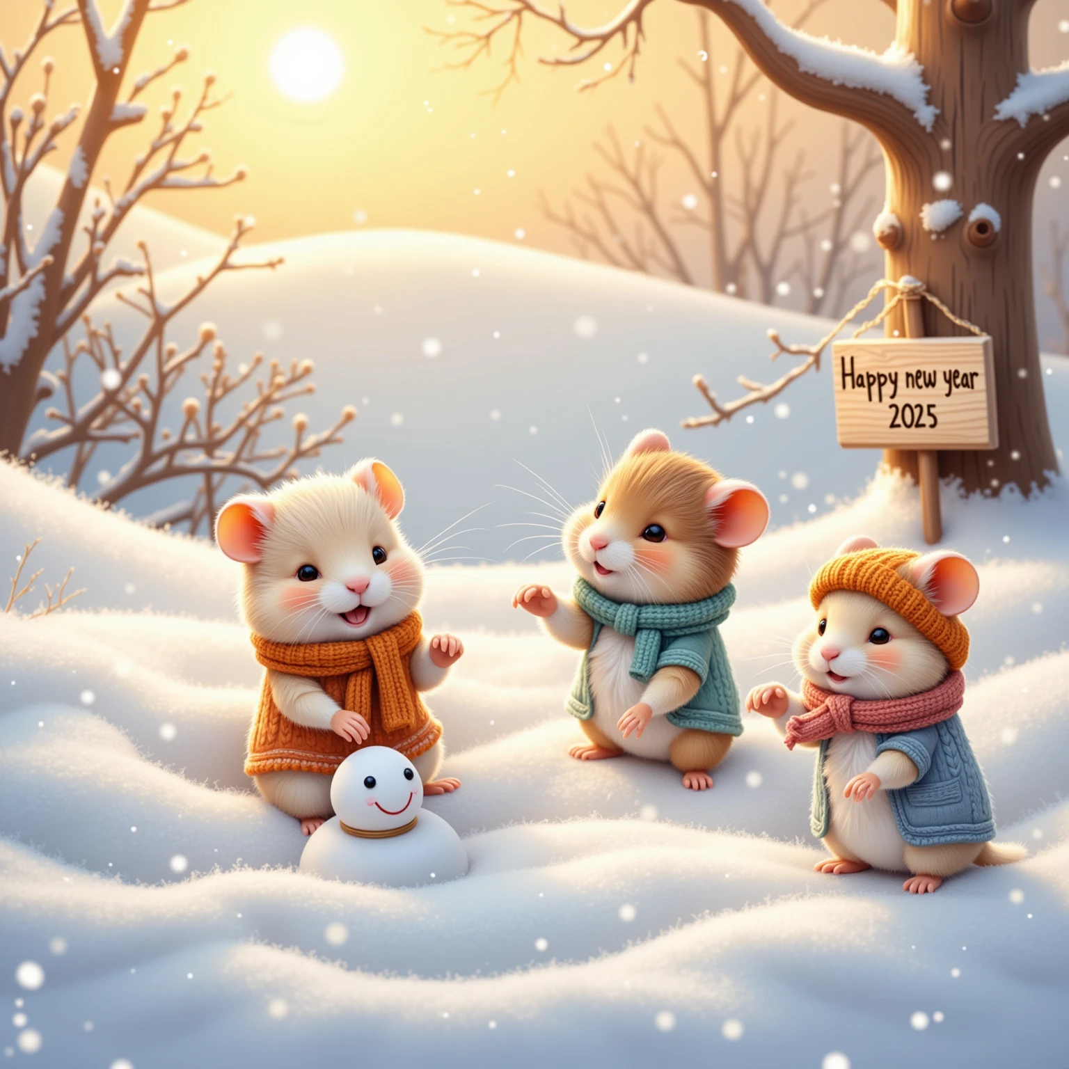 Envision a tranquil winter sunrise casting a gentle golden glow over a quaint countryside hill, where a cozy gathering of charming hamsters is seen in their cutest winter wear. They are enjoying a hearty breakfast picnic on a hand-spun woolen blanket laid over the snow. Above them, soft, luminous clouds gently break apart, while the words "Happy New Year 2025" appear in the sky, written by playful birds in flight. Each hamster is adorned in winter apparel that speaks volumes of handmade love and care — one in a gleaming ruby red sweater with hand-sewn buttons, another in a cheerful mustard yellow hoodie complete with faux-fur trim, and a delightful third in a deep royal blue knit ensemble. Their tiny mittens and booties add an extra layer of endearing warmth to the scene. The breath of the hamsters creates soft misty puffs in the chilly morning air as they share tiny breakfast rolls and sip steaming herbal tea from miniature mugs. Render this picturesque scene using a soft, watercolor-like artistic style that accentuates the delicate morning light and pastel hues, imbuing the image with a serene, dreamlike quality that is comforting and full of whimsical charm.