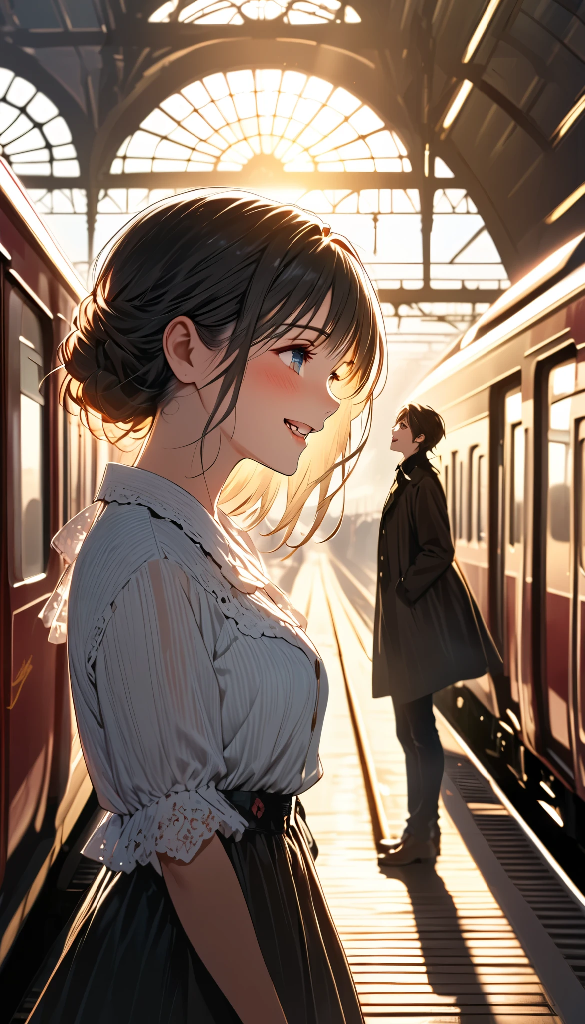 a beautiful young woman in profile, dazzling sunlight, backlit, charming adult, a couple, natural makeup, (very happy expression, rising anticipation, accompanied by anxiety, restless tension), first date, meeting spot, early morning train station, white breath, long-awaited reunion, cinematic staging, anticipation for the day ahead, sweet time with first love, gothic