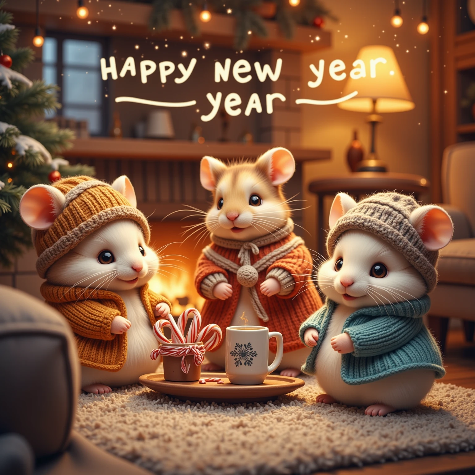 This depicts a scene of cute little hamsters in fluffy winter clothes in a warm house in winter. They are relaxing in front of the fireplace with their family and friends, creating a heartwarming atmosphere. In the background, a cozy living room is illuminated with soft warm lighting. The title text "Happy new year" is placed at the top of the screen in a cute, pop font, adding a festive atmosphere. (In this scene, warm cacao and candy canes are placed on a small table, further enhancing the seasonal feeling.)