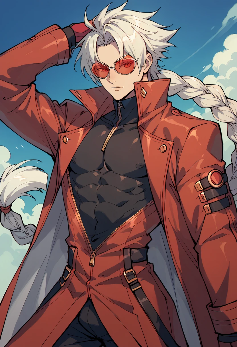 Blazblue anime ,(God of fate ((Best Character Design)) ,human Male,((oc)) ,Clear Skin , round Red SunGlasses , white hair,long braided ,zip Red Coat  , Black shirt ,solo