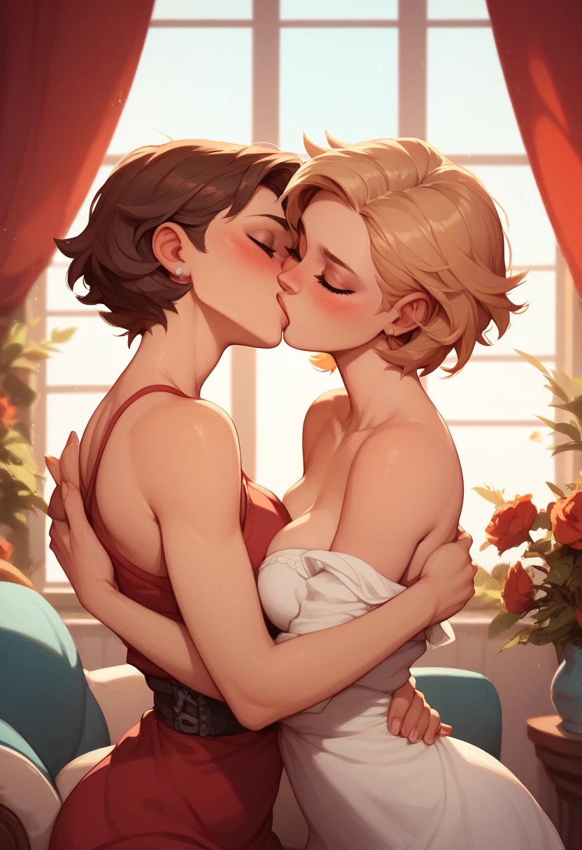 score_9, score_8_up, score_7_up, 1boy, 2girl, mature females, (two mothers and one son), kid, hug, kiss, hand on head, kneeling, in a room,
