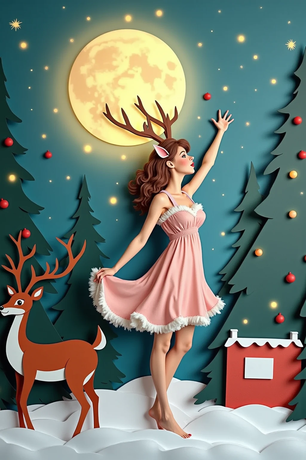 She has elegant, slender antlers integrated into a vintage-styled hairstyle, delicate pointed ears, large expressive eyes with a soft, feminine quality, and subtle fur accents, complemented by large breasts and hooved feet. Large breasts, cleavage. Deer-like tail. Sheer nightgown. Detailed snowy forest background, trees covered in Christmas lights. Christmas themed. Midnight. Full moon.