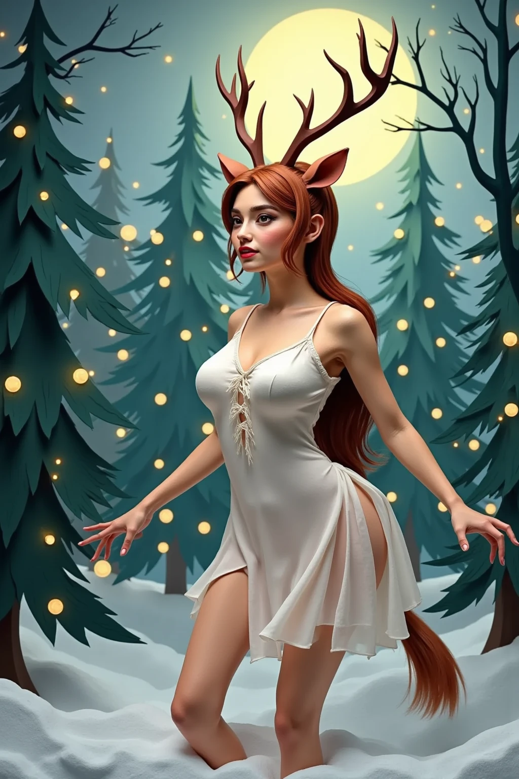 She has elegant, slender antlers integrated into a vintage-styled hairstyle, delicate pointed ears, large expressive eyes with a soft, feminine quality, and subtle fur accents, complemented by large breasts and hooved feet. Large breasts, cleavage. Deer-like tail. Sheer nightgown. Detailed snowy forest background, trees covered in Christmas lights. Christmas themed. Midnight. Full moon.