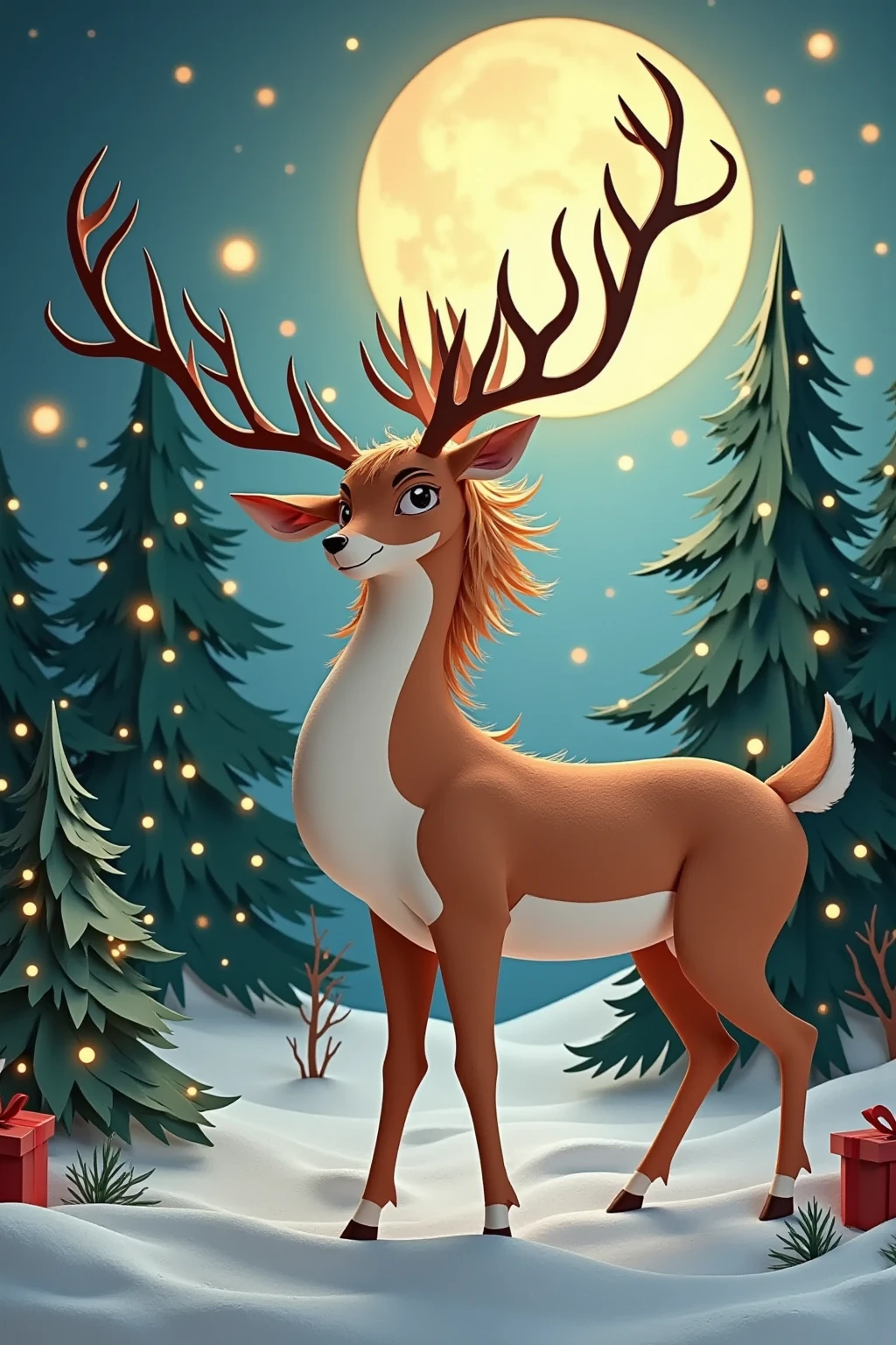 She has elegant, slender antlers integrated into a vintage-styled hairstyle, delicate pointed ears, large expressive eyes with a soft, feminine quality, and subtle fur accents, complemented by large breasts and hooved feet. Large breasts, cleavage. Deer-like tail. Sheer nightgown. Detailed snowy forest background, trees covered in Christmas lights. Christmas themed. Midnight. Full moon.