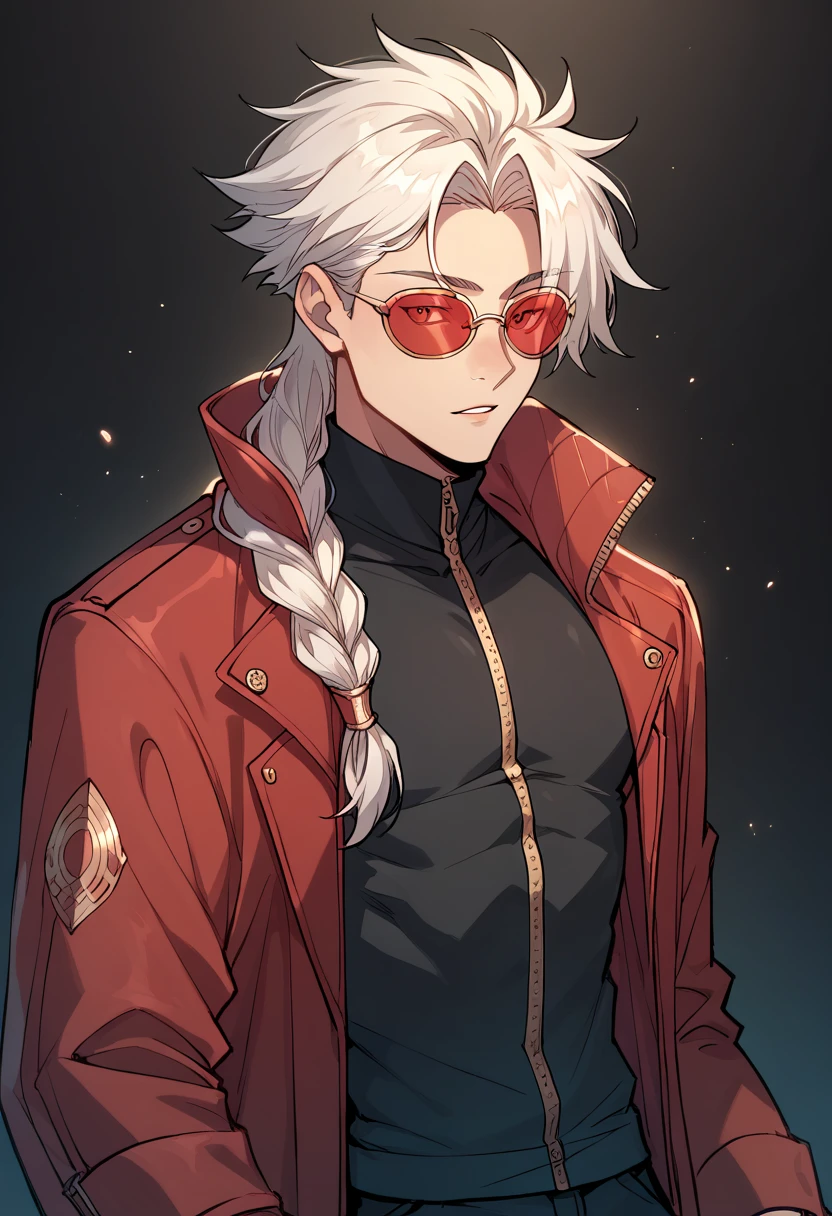 ((God of fate ))((Best Character Design)) ,human Male,((oc)) ,Clear Skin , round Red SunGlasses , white hair,long braided ,zip Red Coat  , Black shirt ,solo