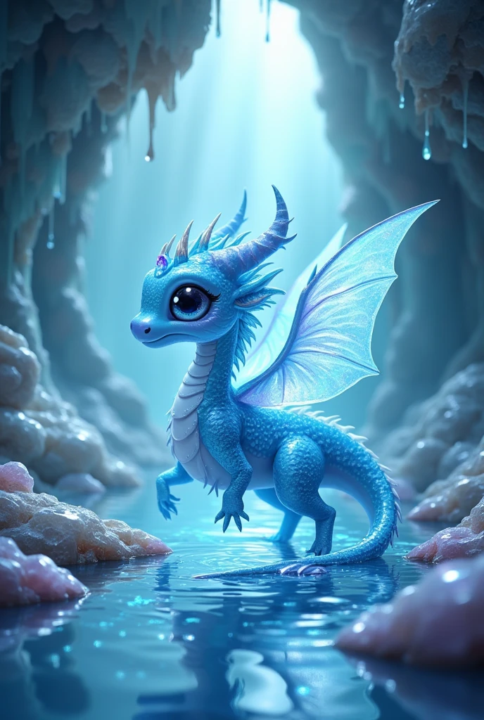 wyvern, wyrm, dragon, jeweled wings, cute  dragon, blue scales, small dragon, transparent skin, dragon made of water, translucent body, slime dragon, crystal cave