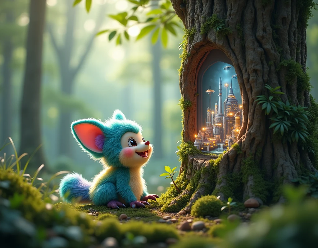 Create a whimsical and cute creature with peculiar fur, sharp claws and a cute, positive and happy face, has feathery fur, the creature is sitting in a magical forest and looking at a tree bark with a miniature futuristic city inside