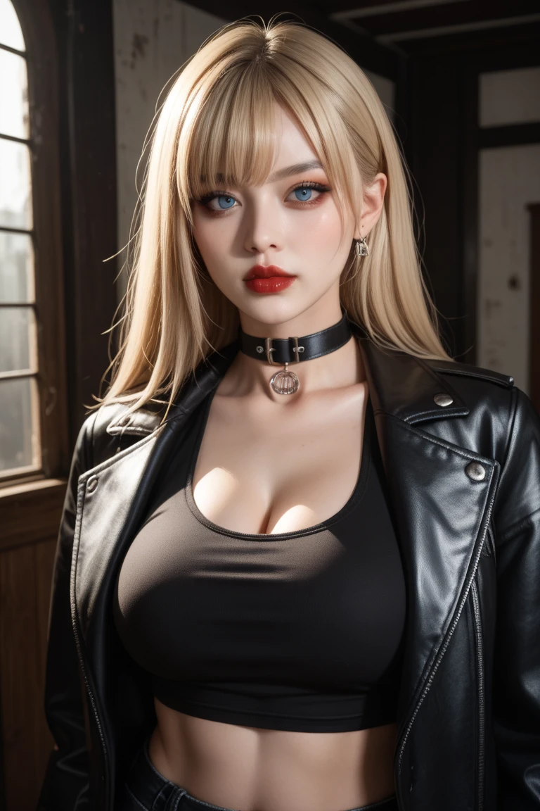 (masterpiece, highres, best quality:1.2), 8K, highly detailed, intricate, colorful, vibrant image, sharp focus, cinematic) blonde hair, long hair, green eyes, body builder (Wearing black business outfit, black_collared shirt cropped jacket ,tie,necktie,black frilled skirt, garter straps, leather waist belt) (big perfect round breasts,hourglass body, thin waist,very thin waist, Photo realistic,(hyperrealistic:1)beautiful, masterpiece, best quality, extremely detailed face,perfect face,beautiful face, perfect lighting,detailed eye makeup, detail face, nice detailed eyes,nice hands, perfect hands,glowing eyes (realistic pupils,realistic iris:1) heavy eye makeup,(empty Casino)(Posing dynamically)