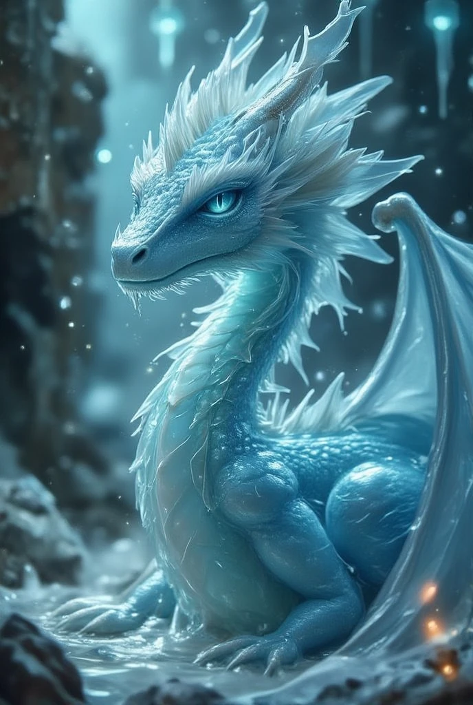 A  dragon that is made of water and slime. It is a transparent dragon with a hint of blue in the liquid. It is in a cave with many glowing crystals. realistic.