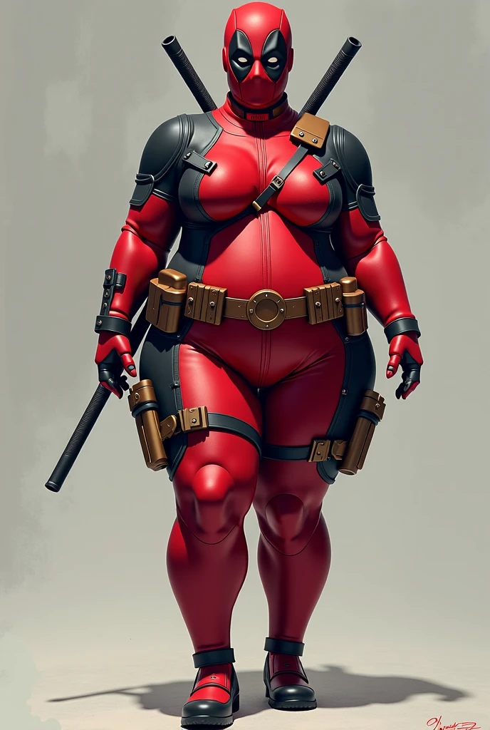 female deadpool, sexy, 3d printed figurine, character design, half naked, busty, ultra thick thighs, huge cleavage, huge body, muscular, wide hips, bodybuilder, muscle, sexy suit, full body, full body suit, unique suit design, black and yellow suit, ultra detailed suit, micro details, deadpool mask on, swords in both hands, tall, on a base, ultra detailed base,concept art, unique pose, expressive, ultra realistic, realism,Expressiveh, soft white light,disney pixar style,DeadpoolStyle, plain grey background