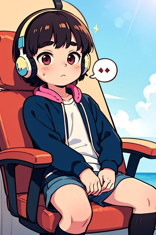 Young shota, alone, cute facial expressions, short hairstyle, detailed body, clothes, headphones on the head, art of speaking, best quality 