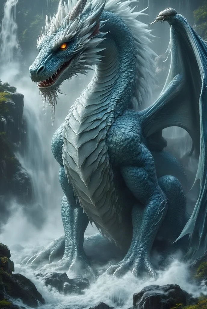 A dragon sitting under a huge waterfall. The water is crashing against the dragon and flowing over it. The dragon is large and ferocious. It is super detailed.