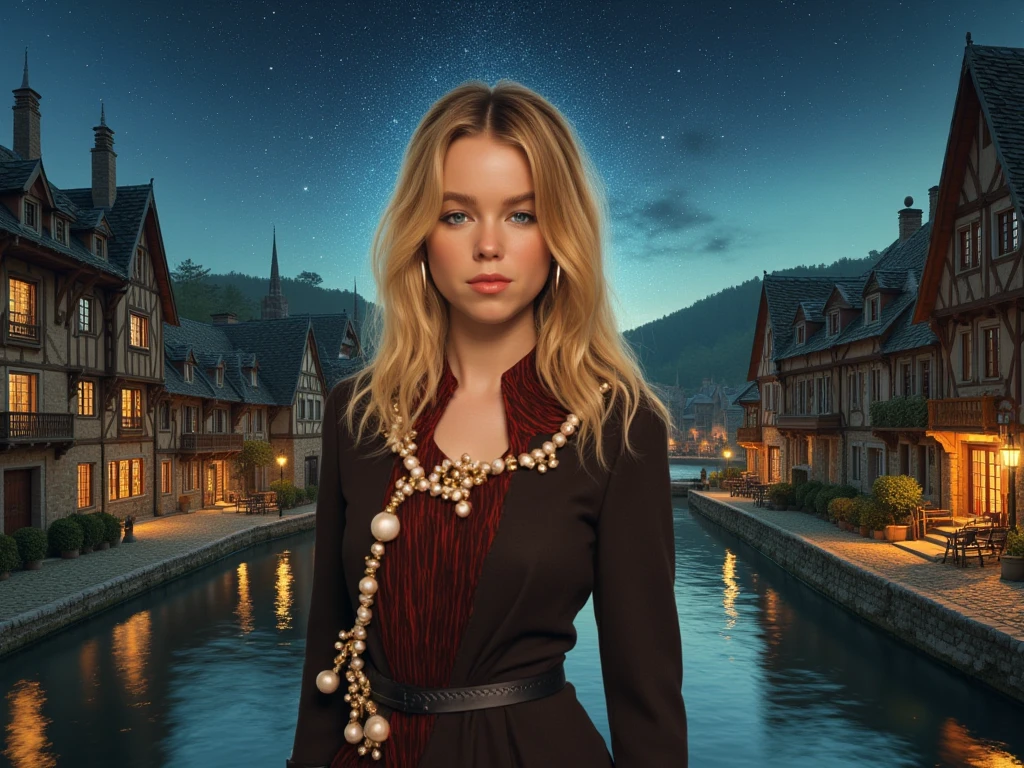 Milly Alcock,blonde hair,in the streets of a medieval village on the bank of a river under a magnificent starry sky at night