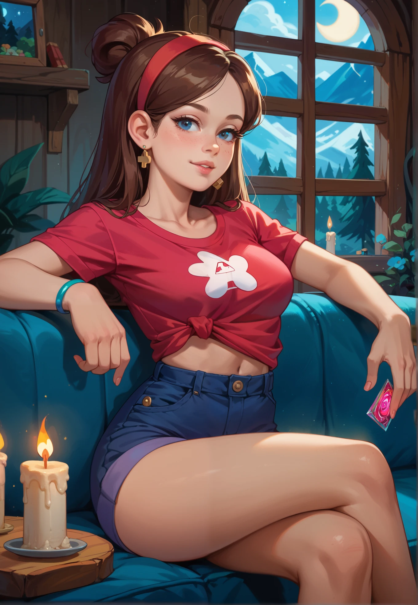 1girl, 4k, Mabel Pines, Gravity Falls, vibrant colors, masterpiece, sitting on a couch in a living, sexy pose, close up, BREAK, night time, mountain cottage, candles in the background,