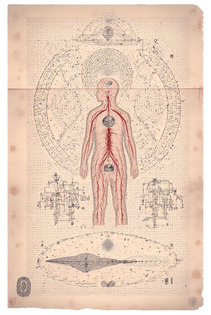vitruvian2023, Vitruvian man, parchment, diagram sketch, centred, geometric circle, 4 arms, 4 legs, anatomy diagram, photorealistic,