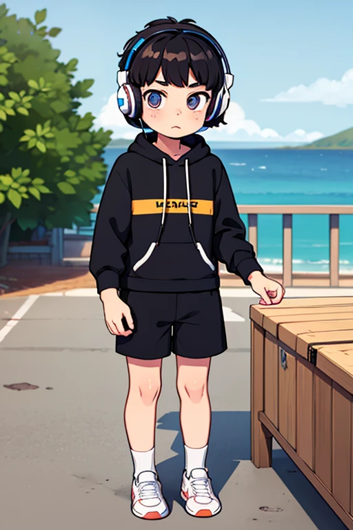 Young shota, alone, cute facial expressions, short hairstyle, detailed body, clothes, different colored eyes, headphones on the head, art of speaking, best quality 