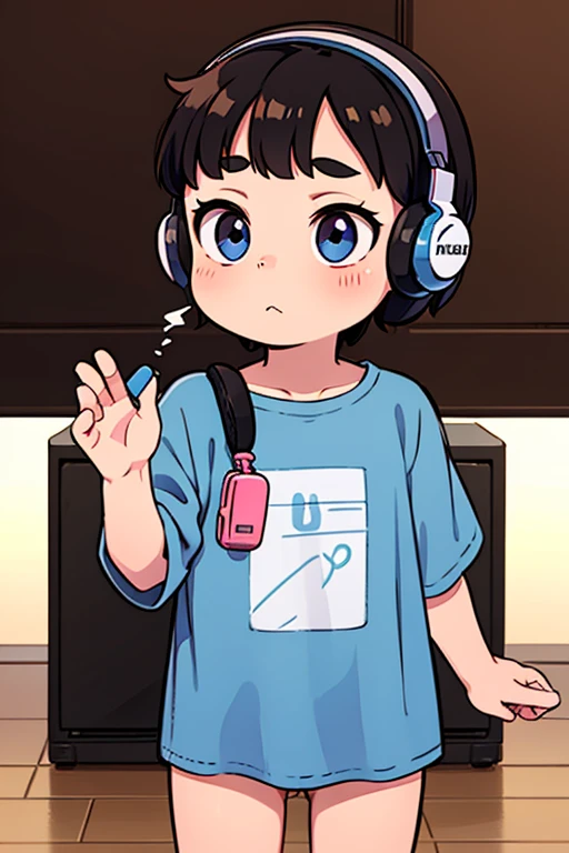 Young shota, alone, cute facial expressions, short hairstyle, detailed body, clothes, different colored eyes, headphones on the head, art of speaking, best quality 