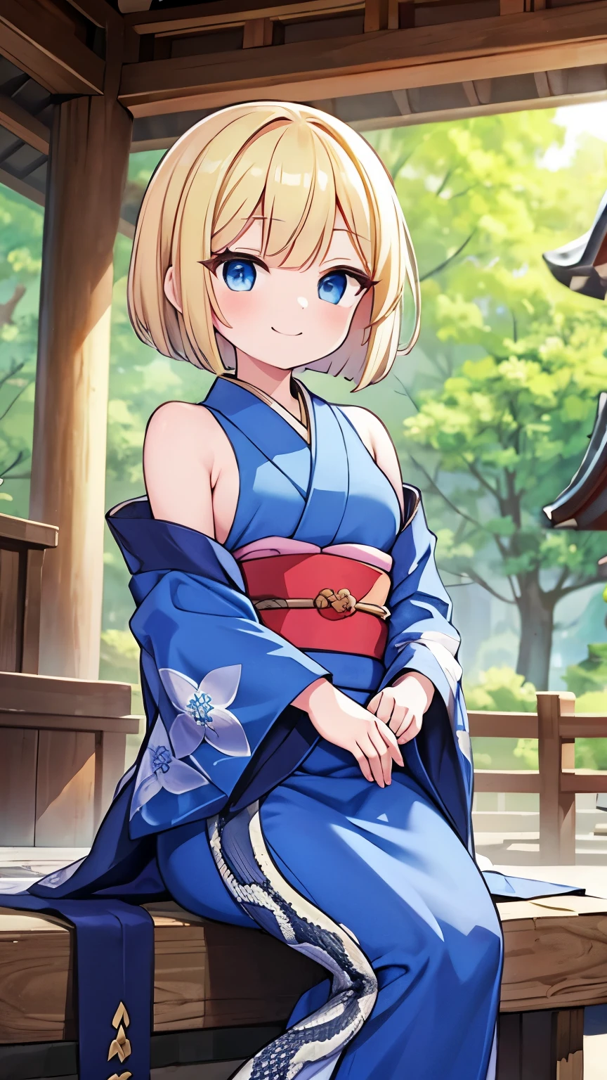   1 girl,  blonde short cut  ,   blue eyes, dark blue metallic micro bikini and japanese kimono,Stylish adult woman with very small breasts , T-back ,  Blushing , Hi-Res,Very small breasts, show your teeth and laugh , Laughing/ good laugh,Character portrait,Very small breasts,Rear view, open your legs wide,There is quite a lot of exposure