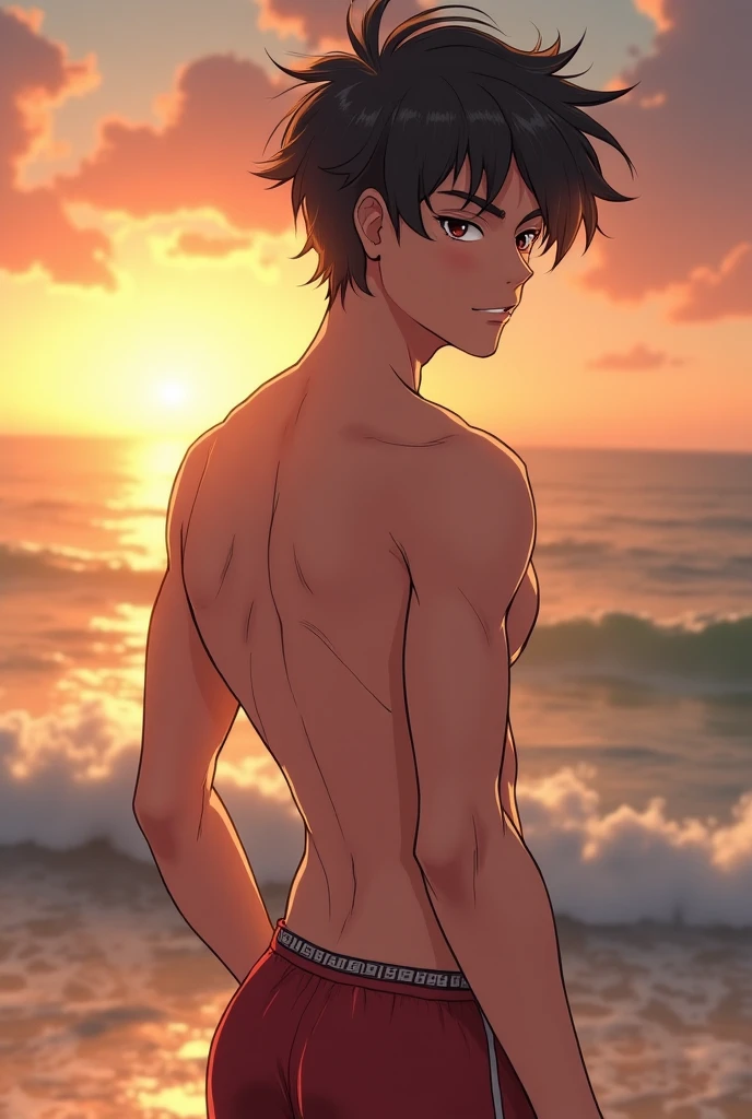 A handsome man with short hair and an erotic body, naked and wearing a loincloth, looking a little excited, with the background at the beach、I want it to be Japanese, with the feeling of rubbing the crotch.