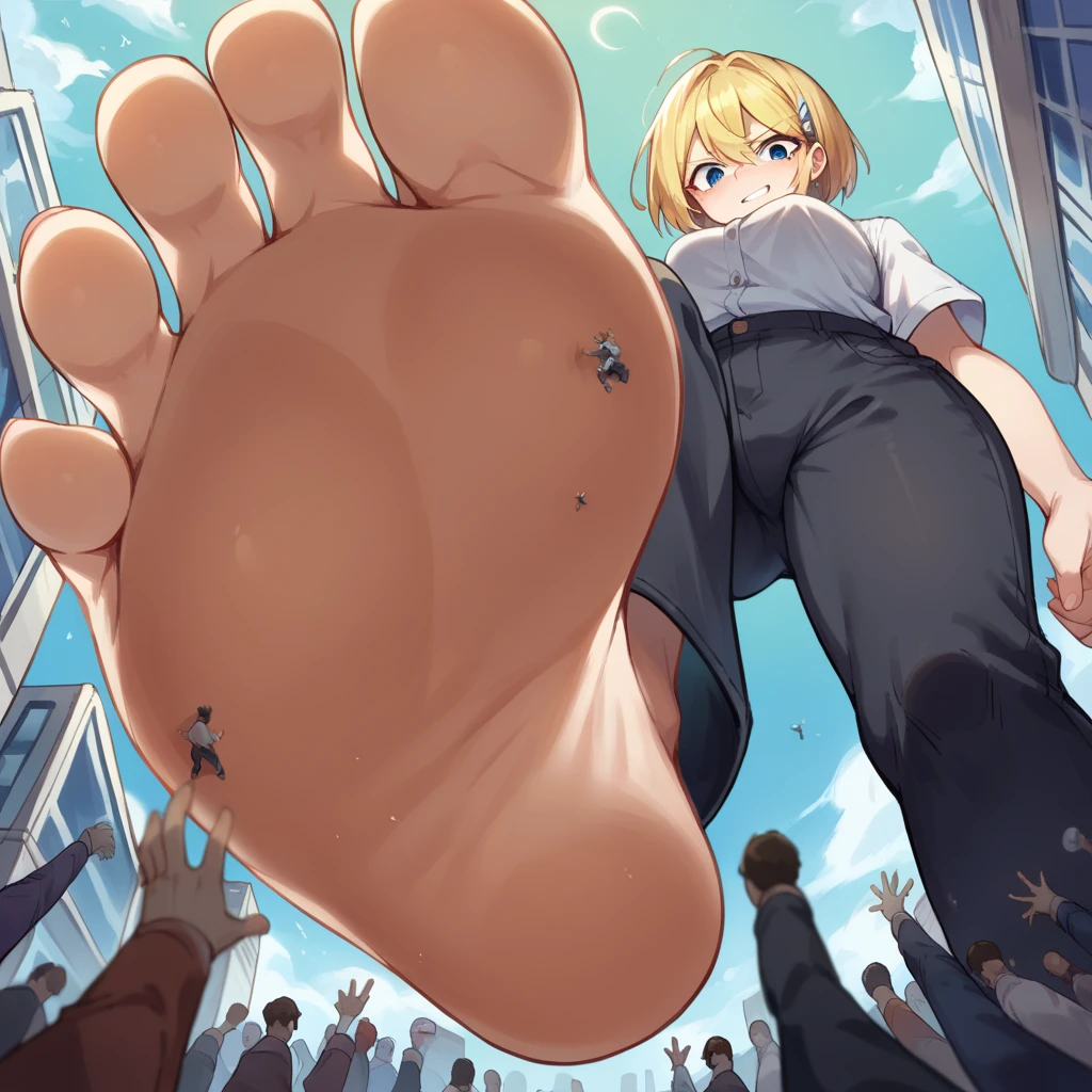 score_9, score_8_up, score_7_up, source_anime, BREAK pov: under giantess,White skin tone, white shirt, black pants, blonde hair,from below,stomp,soles,barefoot,crowd panic,city