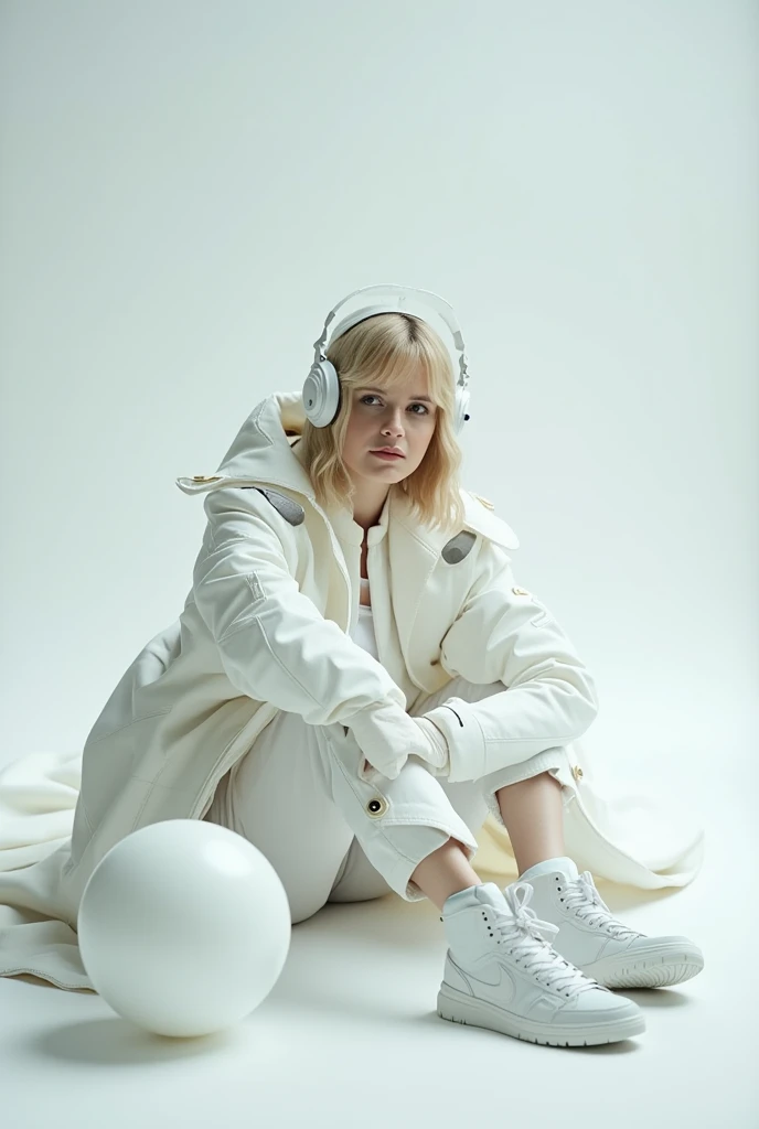 UHD Unltra Precise 8K digital copy of a blond woman in white dress sitting on floor with white ball, futuristic and ethereal, white cyborg fashion shot, fashionable futuristic woman, wearing futuristic, wearing futuristic white suit, futuristic fashion, fashion editorial photography, editorial fashion photography, wearing futuristic clothing, retro futuristic fashion, futuristic clothes, futuristic clothing, futuristic clothing and helmet, futuristic aesthetic, inspired by Philipp Veit, futuristic fashion clothing