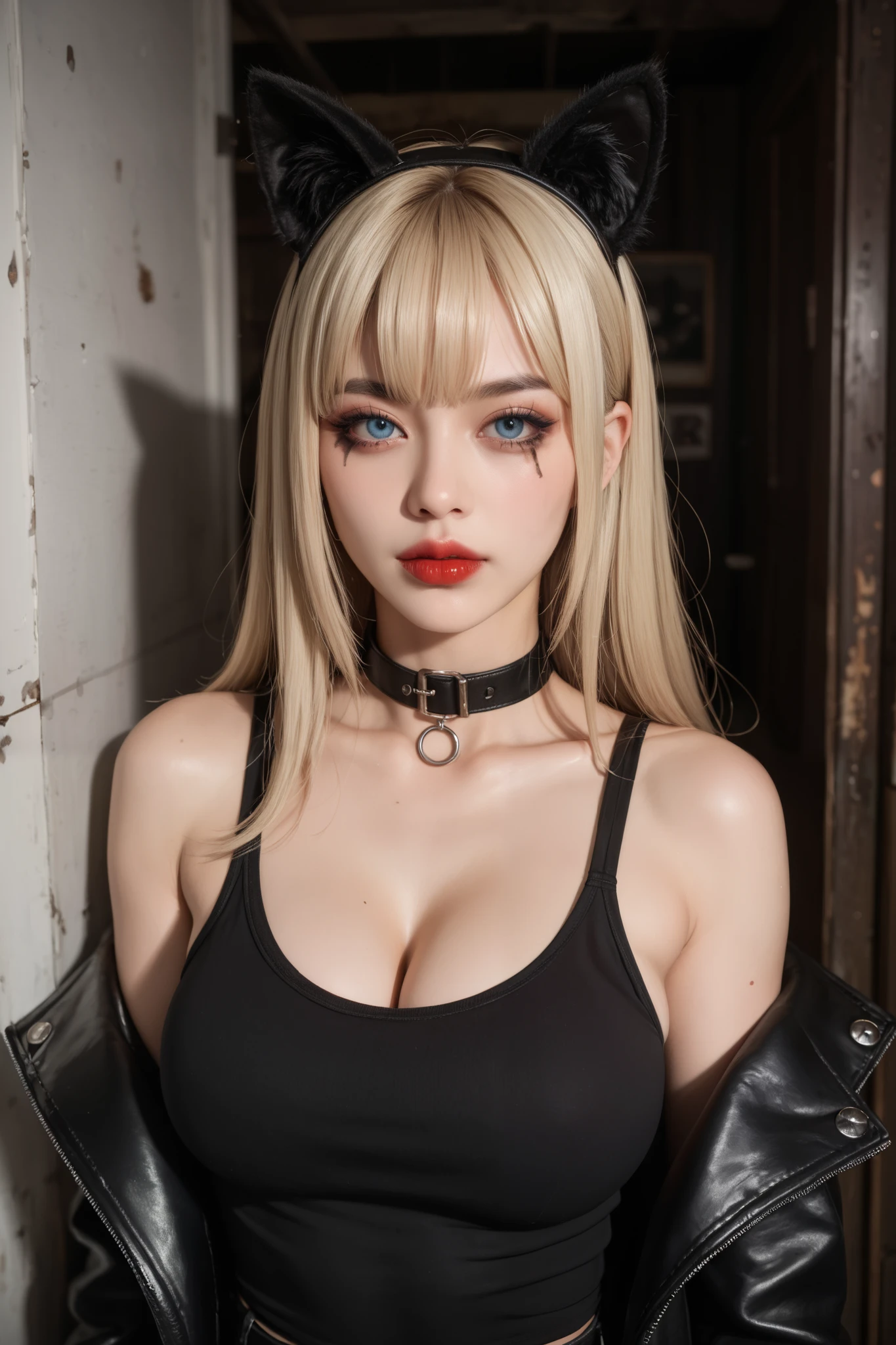 1girl, (Blue eyes), (Smile), (Sana Minatozaki), pale skin :1.1, (close-up at faces :1.3), (beautiful gothic makeup :1.2), wide hips, Big , big ass, round butt, (Best Quality, 8k, Masterpiece: 1.3), perfect hands, Clear Focus: 1.2, Perfect Body Beauty: 1.4 , Slender Abs: 1.2, Highly detailed face and skin texture, detailed eyes, double eyelids, red lips, (close up at face), (blonde long straight hair :1.3), (black gothic dress :1.2), (black corset :1.1), (black veil :1.1), standing, (hands on his chest :1.3), front view :1.2, ((dark theme :1.3)), (darkness), in a gothic room, dark environment